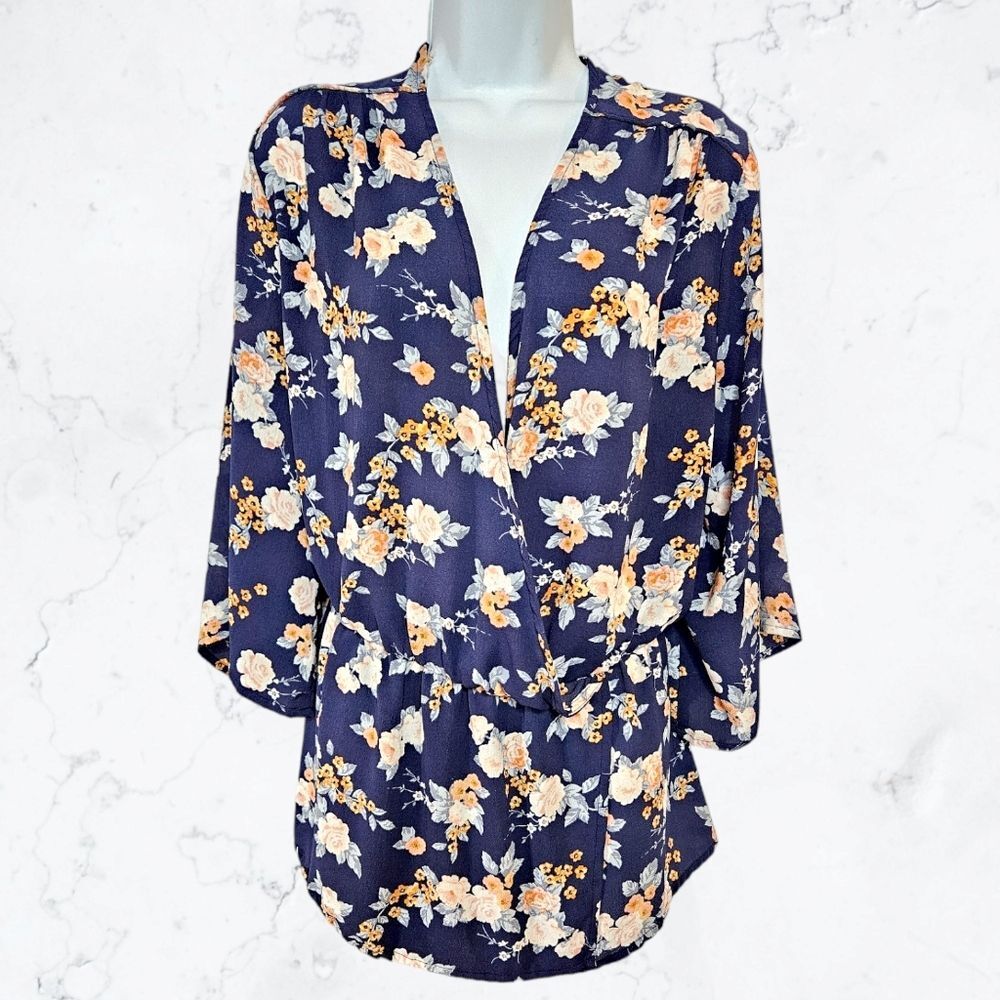 Miss Lili Navy / Purple & Orange Floral Wrap Look Lightweight Top Blouse
